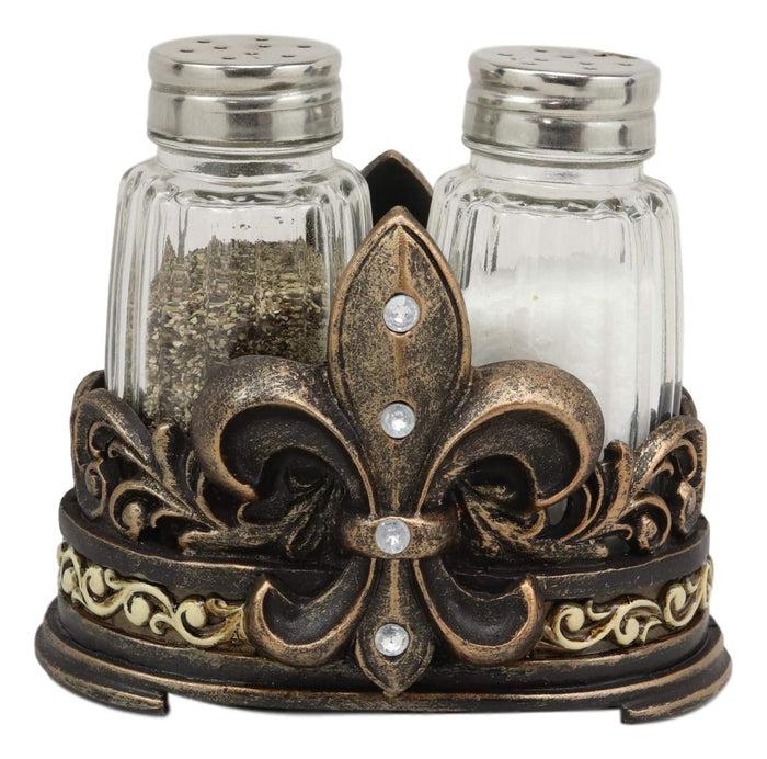 ebros gift Ebros Rustic Western Tuscany Fleur De Lis Crown Figurine Display Holder With Glass Salt And Pepper Shakers In Faded Bronze Finish Home And Kitchen Dining Decorative Statue Southwestern Creole Decor