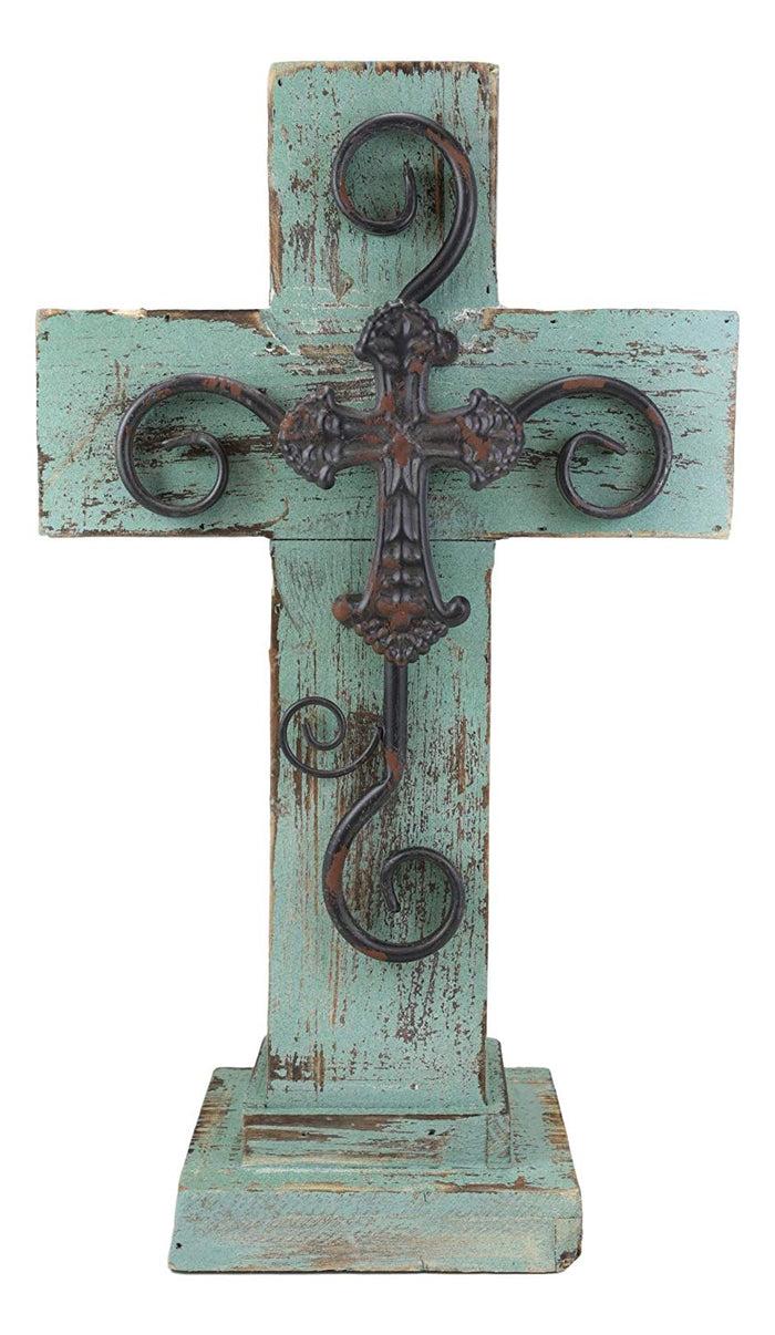 Ebros Gift Ebros Rustic Western Wooden Turquoise Standing Cross Statue With Metal 3D Art