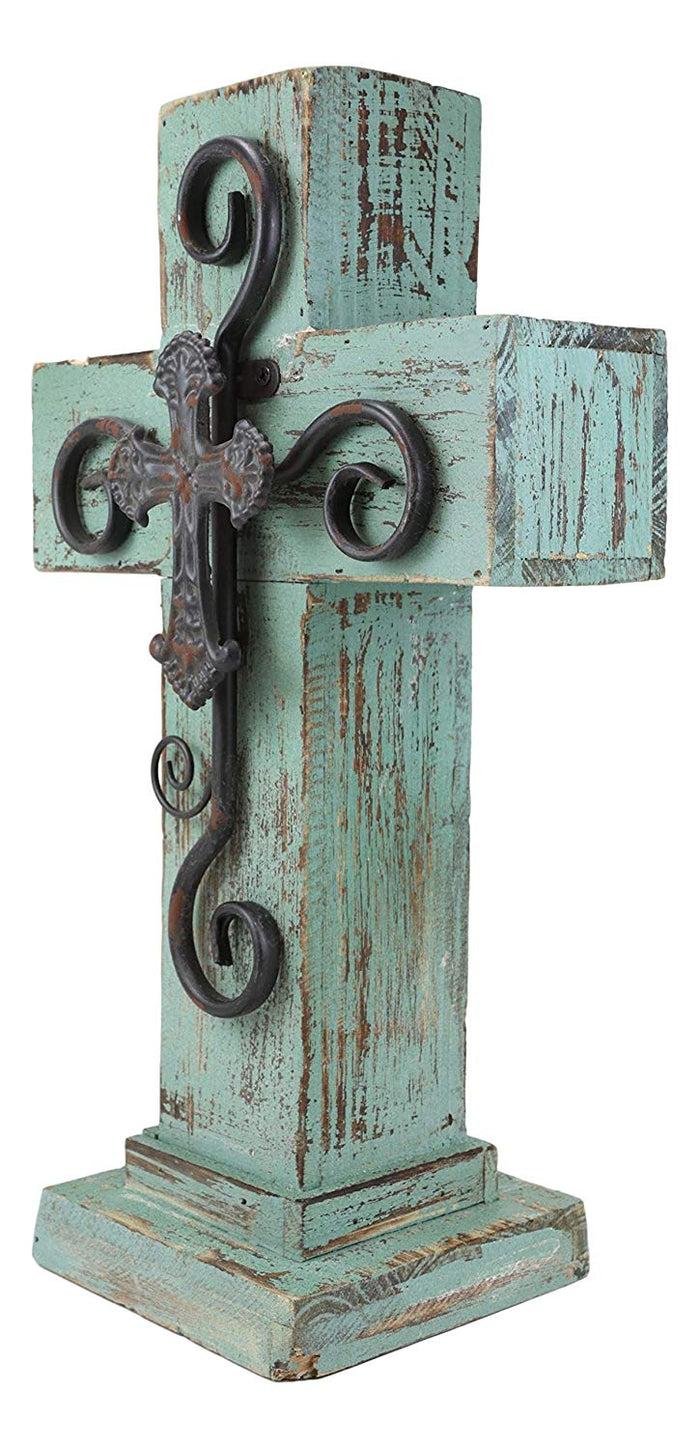 Ebros Gift Ebros Rustic Western Wooden Turquoise Standing Cross Statue With Metal 3D Art