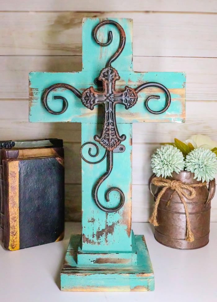 ebros gift Ebros Rustic Western Wooden Turquoise Standing Cross Statue With Metal 3D Art