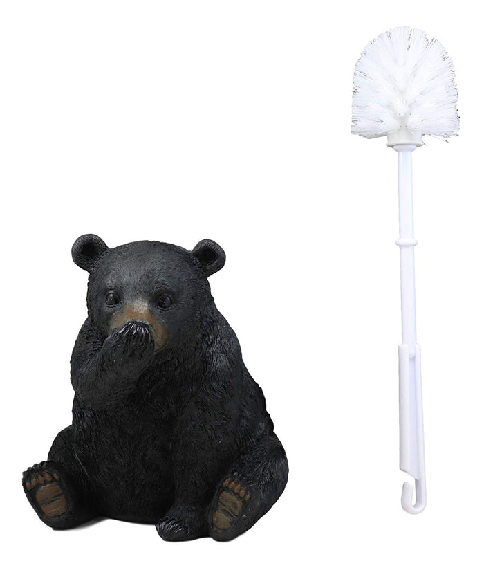 Ebros Gift Ebros Rustic Whimsical Black Bear Covering Nose Toilet Brush And Holder Figurine Set