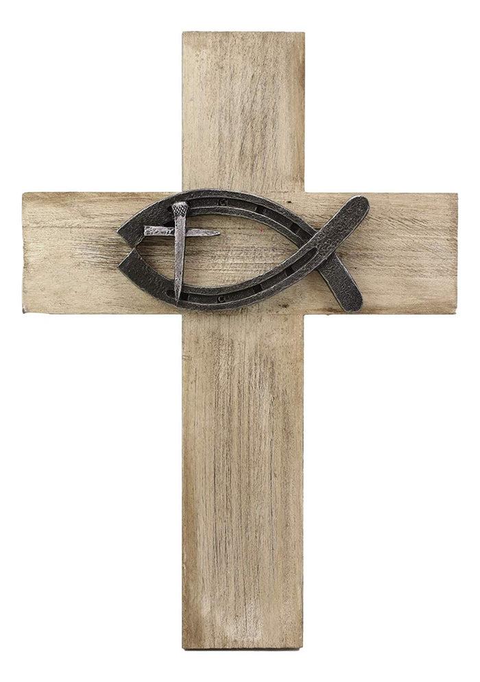Ebros Gift Ebros Rustic Wooden Greek Ichthys Christ Fish Symbol Wall Cross Plaque 14" H
