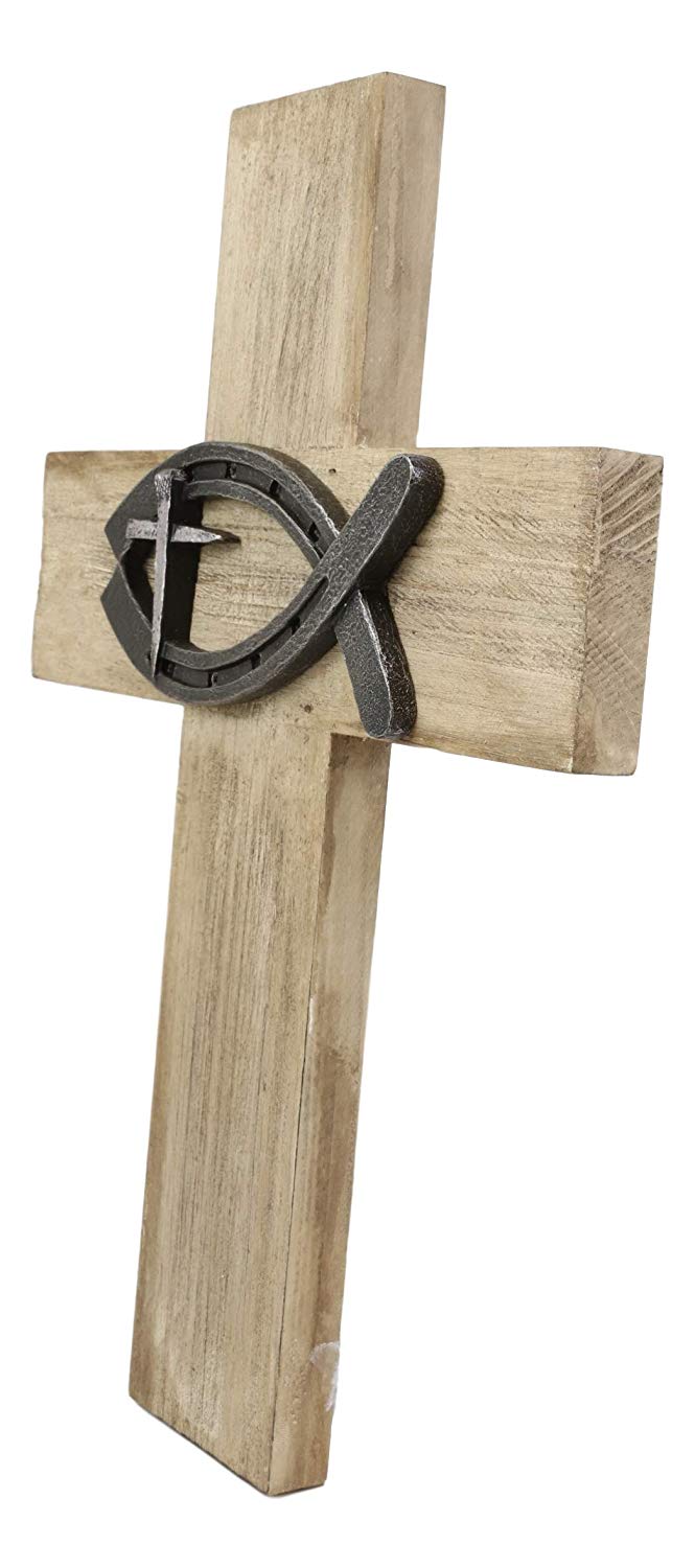 Ebros Gift Ebros Rustic Wooden Greek Ichthys Christ Fish Symbol Wall Cross Plaque 14" H