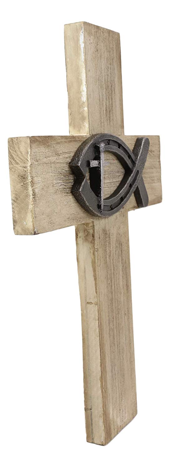 Ebros Gift Ebros Rustic Wooden Greek Ichthys Christ Fish Symbol Wall Cross Plaque 14" H