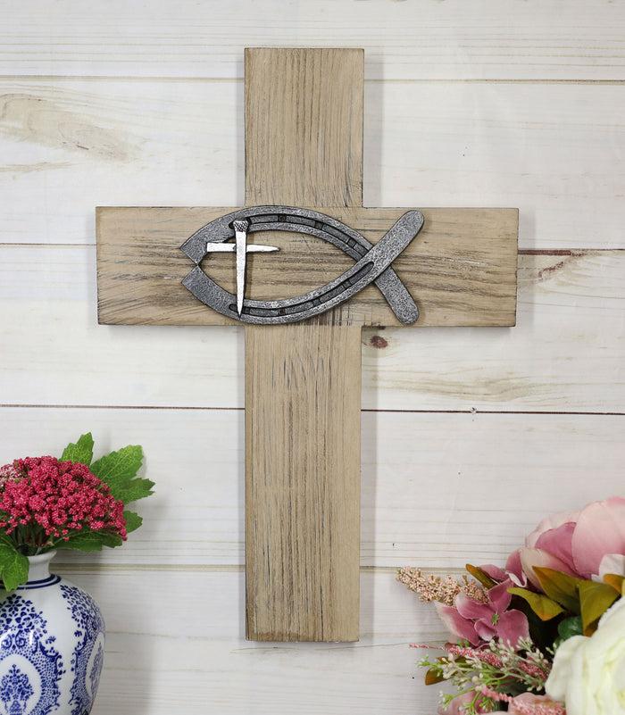 ebros gift Ebros Rustic Wooden Greek Ichthys Christ Fish Symbol Wall Cross Plaque 14" H