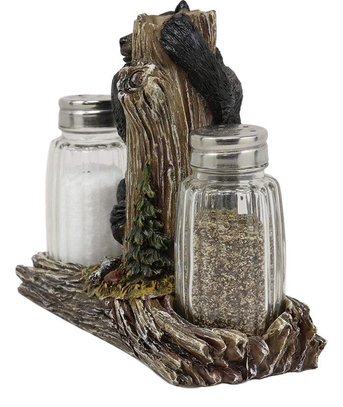 Ebros Gift Ebros Rustic Woodland Black Bear Climbing Tree Branch Figurine Display Holder With Glass Salt And Pepper Shakers Bears Home And Kitchen Dining Decorative Statue 6.5" L Cabin Lodge Mountainside Decor