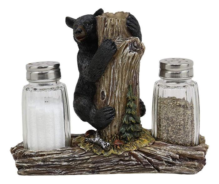 Ebros Gift Ebros Rustic Woodland Black Bear Climbing Tree Branch Figurine Display Holder With Glass Salt And Pepper Shakers Bears Home And Kitchen Dining Decorative Statue 6.5" L Cabin Lodge Mountainside Decor