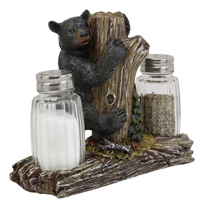 ebros gift Ebros Rustic Woodland Black Bear Climbing Tree Branch Figurine Display Holder With Glass Salt And Pepper Shakers Bears Home And Kitchen Dining Decorative Statue 6.5" L Cabin Lodge Mountainside Decor