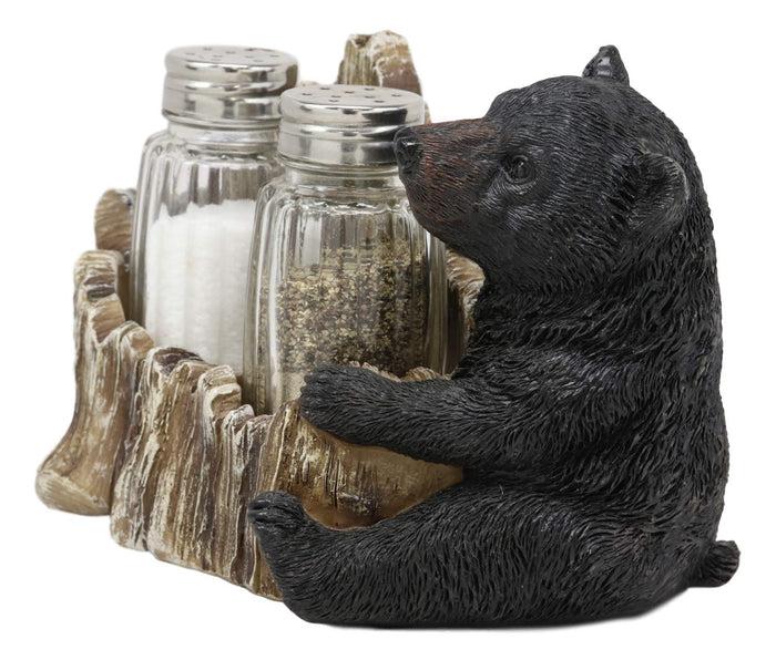 Ebros Gift Ebros Rustic Woodland Black Bear Cub Hugging Tree Stump Figurine Display Holder With Glass Salt And Pepper Shakers Bears Home Kitchen Dining Decorative Statue 6.25" L Cabin Lodge Mountainside Decor