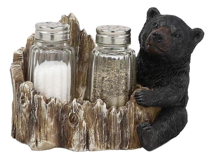 Ebros Gift Ebros Rustic Woodland Black Bear Cub Hugging Tree Stump Figurine Display Holder With Glass Salt And Pepper Shakers Bears Home Kitchen Dining Decorative Statue 6.25" L Cabin Lodge Mountainside Decor