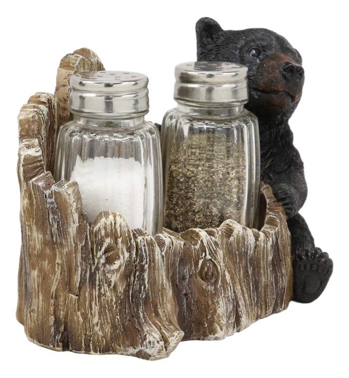 Ebros Gift Ebros Rustic Woodland Black Bear Cub Hugging Tree Stump Figurine Display Holder With Glass Salt And Pepper Shakers Bears Home Kitchen Dining Decorative Statue 6.25" L Cabin Lodge Mountainside Decor