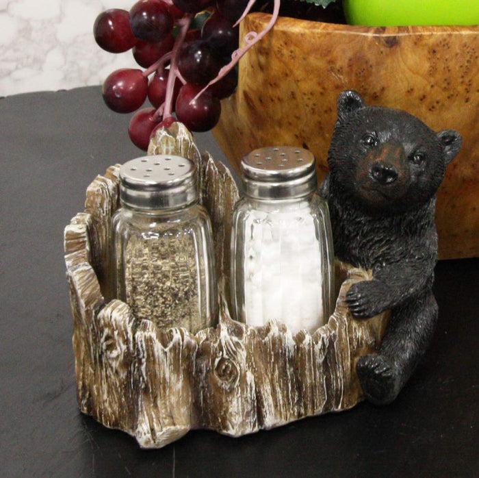 ebros gift Ebros Rustic Woodland Black Bear Cub Hugging Tree Stump Figurine Display Holder With Glass Salt And Pepper Shakers Bears Home Kitchen Dining Decorative Statue 6.25" L Cabin Lodge Mountainside Decor