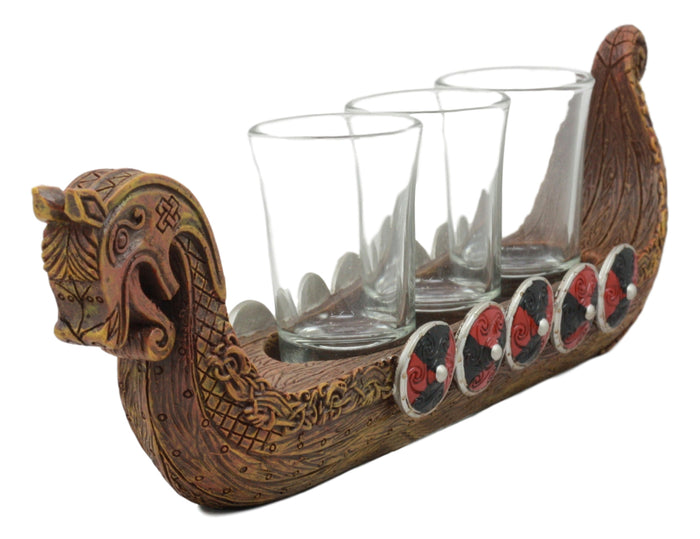 Ebros Gift Ebros Scandinavian Viking Dragon Longship 3 Shotglass Shooter Holder 11.25"L