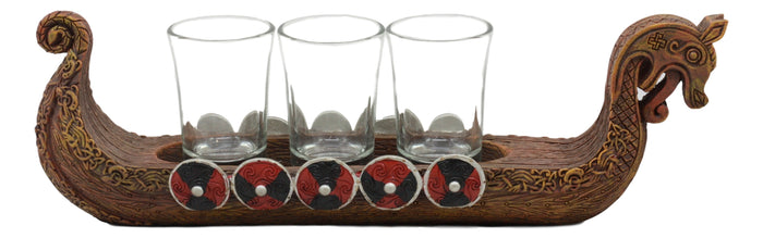 Ebros Gift Ebros Scandinavian Viking Dragon Longship 3 Shotglass Shooter Holder 11.25"L