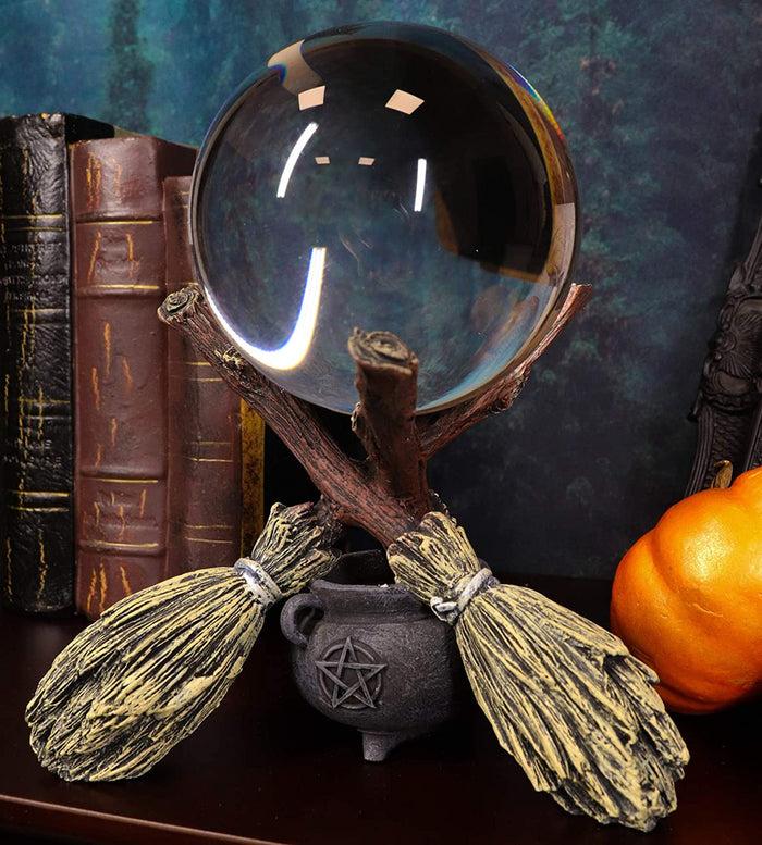 ebros gift Ebros Scrying Witch Crystal Glass Gazing Ball On Broomsticks and Potion Cauldron Figurine 8" H Witchcraft Wicca Wiccan Witches Decor Halloween Sculpture Decorative