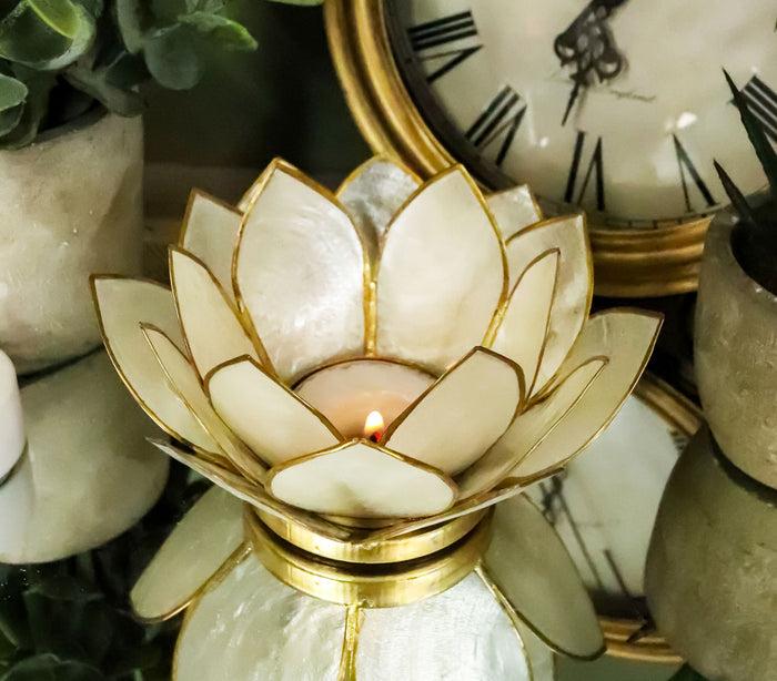 Ebros Gift Ebros Seashells Lotus Flower Votive Tea Light Candle Holder 4.25"D (Pearl White)