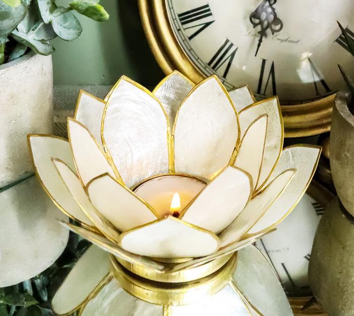 ebros gift Ebros Seashells Lotus Flower Votive Tea Light Candle Holder 4.25"D (Pearl White)