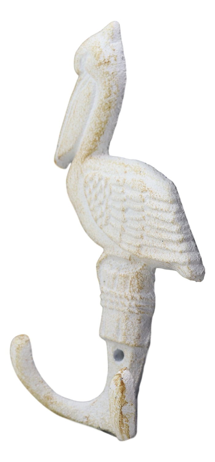 Ebros Gift Ebros Set Of 2 Cast Iron Nautical Beach Port New Orleans White Pelican Bird Perching On Getty Post Wall Hooks 6" Tall Hanger Coastal Themed