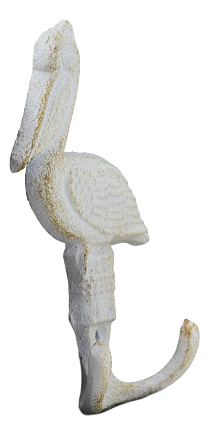 Ebros Gift Ebros Set Of 2 Cast Iron Nautical Beach Port New Orleans White Pelican Bird Perching On Getty Post Wall Hooks 6" Tall Hanger Coastal Themed