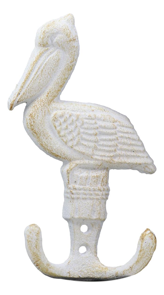 Ebros Gift Ebros Set Of 2 Cast Iron Nautical Beach Port New Orleans White Pelican Bird Perching On Getty Post Wall Hooks 6" Tall Hanger Coastal Themed