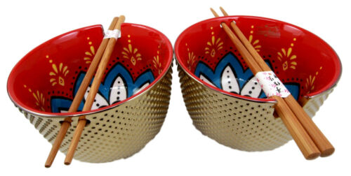 Ebros Gift Ebros Set Of 2 Luxury Gold Plated Ramen Noodle Bowls W/ Chopsticks Red Lotus Blossom