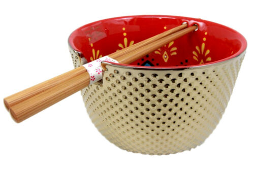 Ebros Gift Ebros Set Of 2 Luxury Gold Plated Ramen Noodle Bowls W/ Chopsticks Red Lotus Blossom
