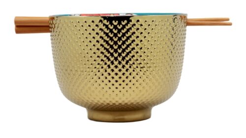 Ebros Gift Ebros Set Of 2 Luxury Gold Plated Ramen Noodle Bowls With Chopsticks 5"Diameter Made Of Ceramic Ideal For Home Or Graduation Gift (Turquoise Flower Blossom)