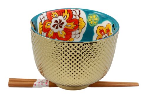 Ebros Gift Ebros Set Of 2 Luxury Gold Plated Ramen Noodle Bowls With Chopsticks 5"Diameter Made Of Ceramic Ideal For Home Or Graduation Gift (Turquoise Flower Blossom)