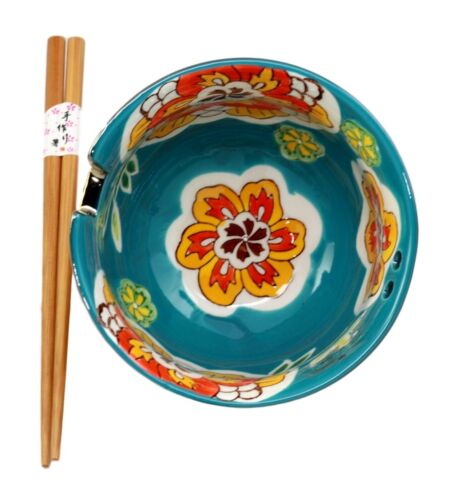 Ebros Gift Ebros Set Of 2 Luxury Gold Plated Ramen Noodle Bowls With Chopsticks 5"Diameter Made Of Ceramic Ideal For Home Or Graduation Gift (Turquoise Flower Blossom)