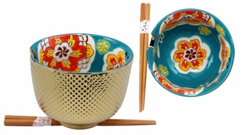 ebros gift Ebros Set of 2 Luxury Gold Plated Ramen Noodle Bowls With Chopsticks 5"Diameter Made Of Ceramic Ideal For Home or Graduation Gift (Turquoise Flower Blossom)