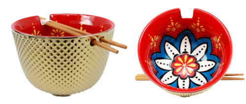 ebros gift Ebros Set of 2 Luxury Gold Plated Ramen Noodle Bowls W/ Chopsticks Red Lotus Blossom