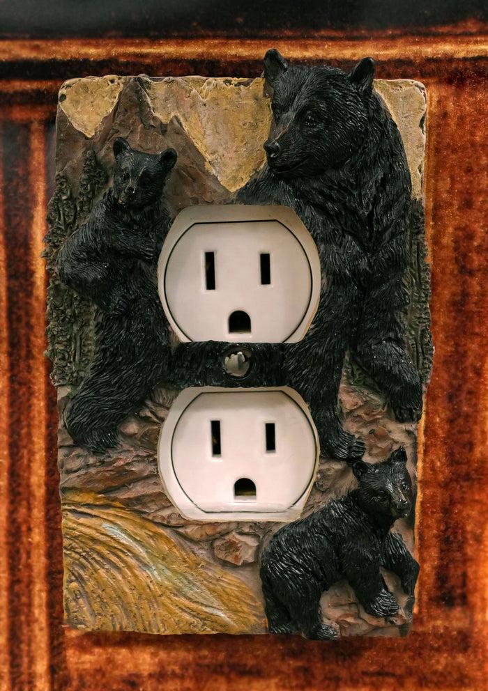 ebros gift Ebros Set of 2 Novelty Woodland Rustic Forest Black Bear Mother And Cubs Family Wall Electrical Cover Plate 3D Hand Painted Resin Western Bears Home Decor Accessory (Double Receptacle Outlet)