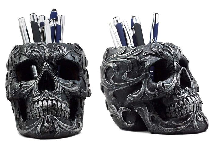 Ebros Gift Ebros Set Of 2 Tribal Tattoo Floral Skulls Stationery Pen Holder Desktop