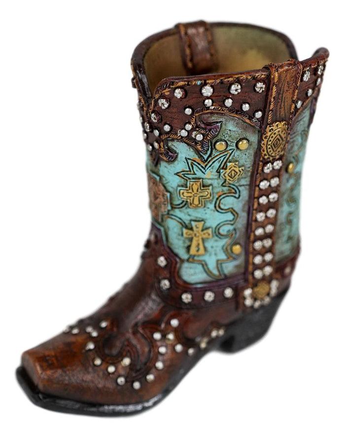 Ebros Gift Ebros Set Of 2 Western Cowboy Turquoise Boots Make Up Tools Pencil Pen Holder Figurine
