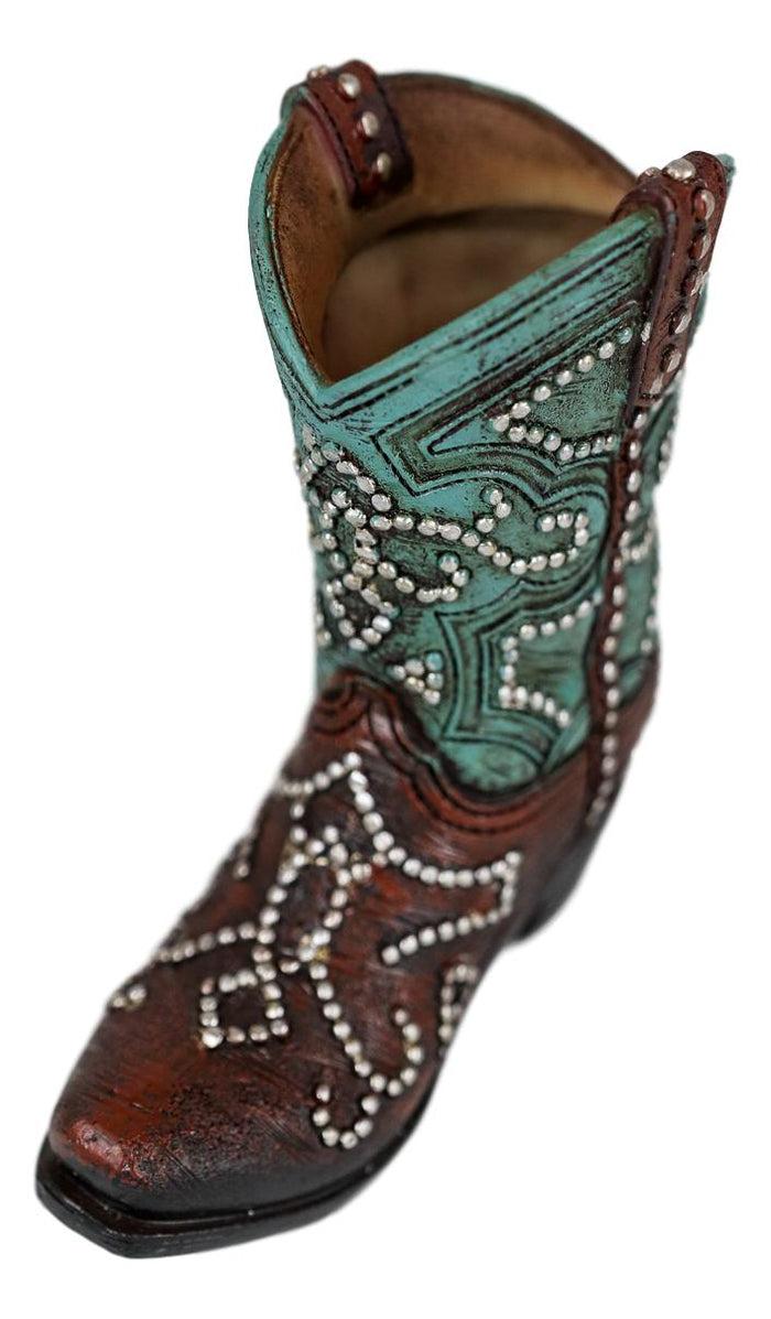 Ebros Gift Ebros Set Of 2 Western Cowboy Turquoise Boots Make Up Tools Pencil Pen Holder Figurine