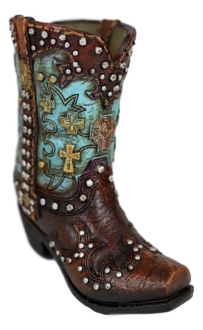 Ebros Gift Ebros Set Of 2 Western Cowboy Turquoise Boots Make Up Tools Pencil Pen Holder Figurine
