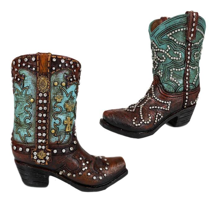 ebros gift Ebros Set of 2 Western Cowboy Turquoise Boots Make Up Tools Pencil Pen Holder Figurine