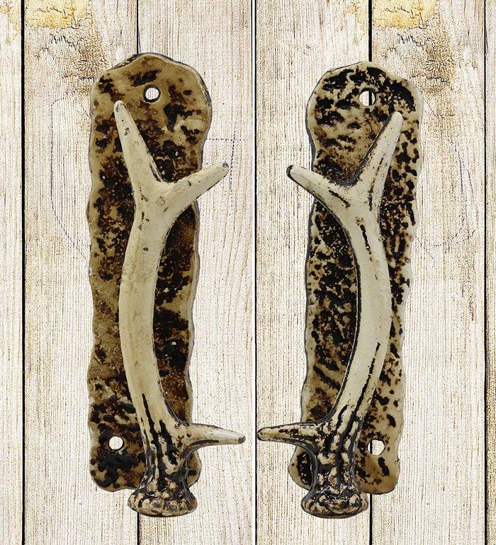 ebros gift Ebros Set of 2 Western Rustic Deer Antlers Door Pull Handle Hardware Pack of 2 Left and Right Sides Decorative Accent 8" High for Barn Doors Entrance Main Cabin Lodge Country Home Antler Accent