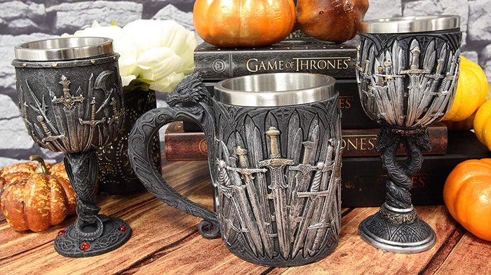 ebros gift Ebros Set of 3 Valyrian Steel Blade Swords And Armory & Double Dragon Goblet Mug