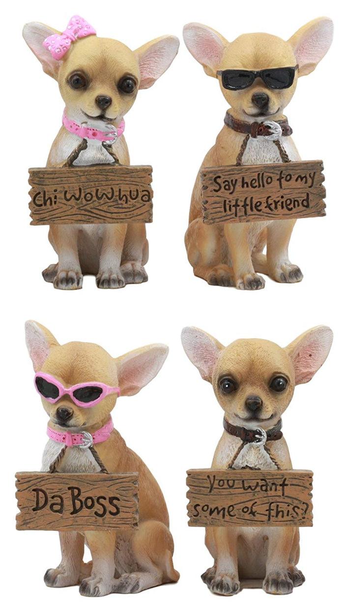 Ebros Gift Ebros Set Of 4 Adorable Tea Cup Chihuahua Dog Holding Humorous Signs Small Figurines 4.25"Tall