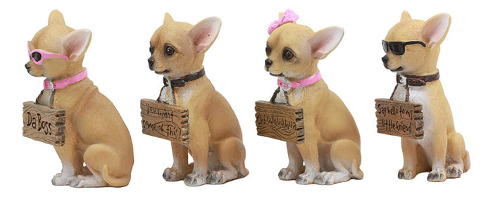 Ebros Gift Ebros Set Of 4 Adorable Tea Cup Chihuahua Dog Holding Humorous Signs Small Figurines 4.25"Tall