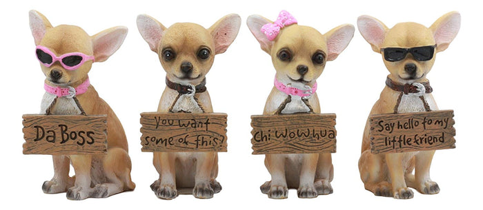 ebros gift Ebros Set of 4 Adorable Tea Cup Chihuahua Dog Holding Humorous Signs Small Figurines 4.25"Tall
