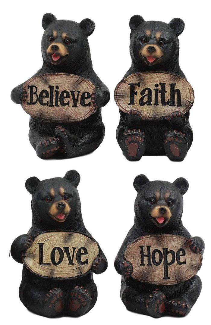 Ebros Gift Ebros Set Of 4 Inspirational Bears Statues Whimsical Cute Black Bear Holding Love Believe Faith And Hope Sign Plaque Small Figurines Western Decor Rustic Nature Lovers
