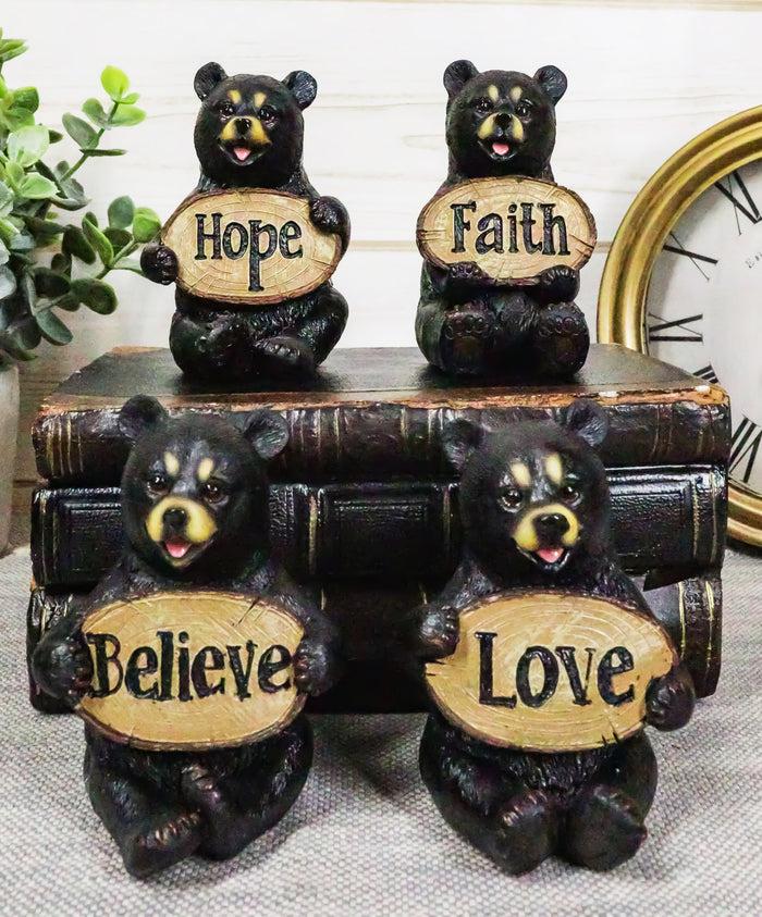 ebros gift Ebros Set of 4 Inspirational Bears Statues Whimsical Cute Black Bear Holding Love Believe Faith and Hope Sign Plaque Small Figurines Western Decor Rustic Nature Lovers