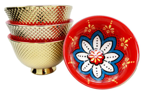 ebros gift Ebros Set of 4 Luxury Gold Plated Personal Sized Dining Bowls 6"Diameter Made Of Ceramic Bowl Ideal For Ramen Noodles Soup Rice & Dinner Party Hosting (Red Lotus Blossom)