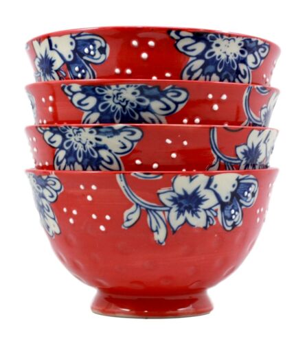 Ebros Gift Ebros Set Of 4 Luxury Ottoman Style Textured Dining Bowls 5.75"Diameter Made Of Ceramic Ideal For Home Decor Dinnerware & Giftware (Red Floral)