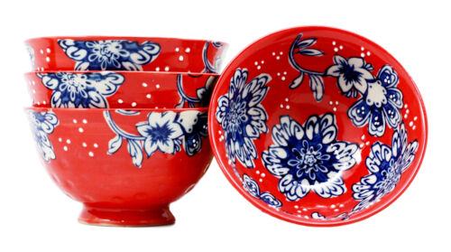 ebros gift Ebros Set of 4 Luxury Ottoman Style Textured Dining Bowls 5.75"Diameter Made Of Ceramic Ideal For Home Decor Dinnerware & Giftware (Red Floral)