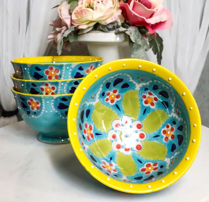 ebros gift Ebros Set of 4 Luxury Ottoman Style Textured Dining Bowls 5.75"Diameter Made Of Ceramic Ideal For Home Decor Dinnerware & Giftware (Ocean Blue)