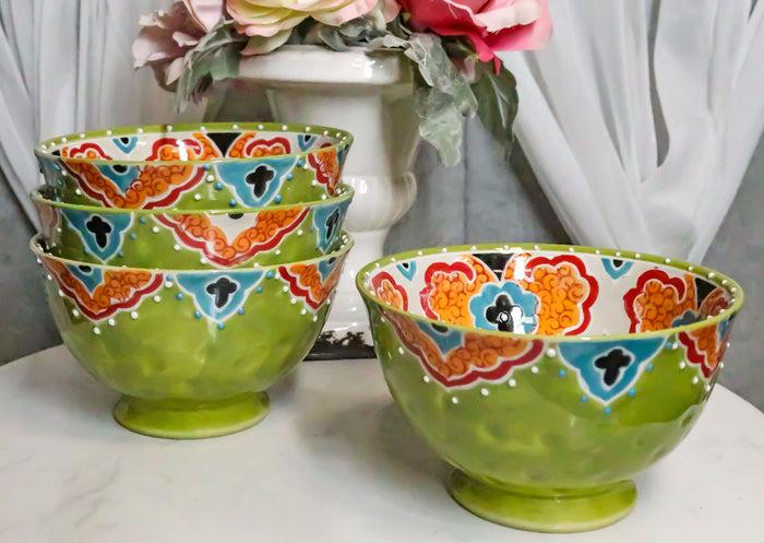 ebros gift Ebros Set of 4 Luxury Ottoman Style Textured Dining Bowls 5.75"Diameter Made Of Ceramic Ideal For Home Decor Dinnerware & Giftware (Earth Green)