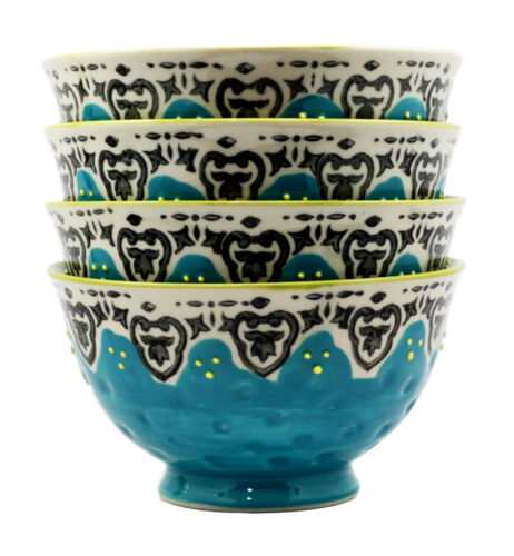 Ebros Gift Ebros Set Of 4 Luxury Ottoman Style Textured Dining Bowls 5.75"Diameter Made Of Ceramic Ideal For Home Decor Dinnerware & Giftware (Turquoise Blossom)